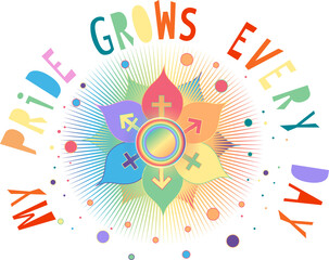 Obraz premium Farbenfrohe und inspirierende Illustration zum Thema Pride. Zeigt eine leuchtende Blume mit Symbolen der LGBTQ+ Community und die Blütenblätter stehen Gemeinschaft und Stärke