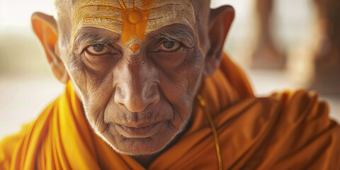 A Jain monk, preaching the importance of non-violence and peaceful coexistence. Orange robe.