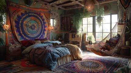 A bohemian bedroom retreat, adorned with vibrant tapestries, macram?(C) wall hangings, and a cozy hammock chair for dreamy relaxation.