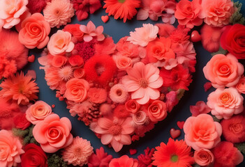 Fototapeta premium A heart-shaped arrangement of flowers in various shades of coral