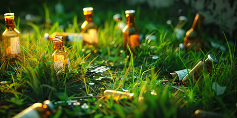 empty bottles and needles scattered amongst the grass, serving as a stark reminder of the grip of addiction.