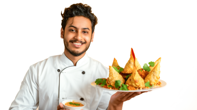 Young Indian male chef presenting a plate of samosa with sauce on Transparent background