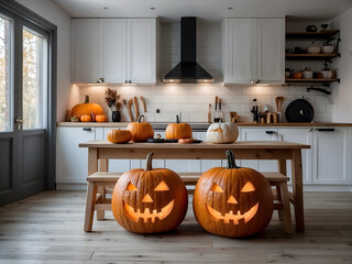 Halloween carved pumpkins on wooden table. Autumn decoration dominates the interior design scene. Scandinavian white kitchen with island and stools