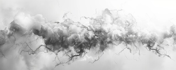 Lightning in the clouds on white background, banner design, black and gray color theme, high resolution in the style of various artists