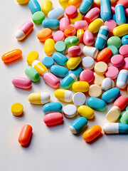Pile of multicolored pharmacological pills and capsules on a white surface.