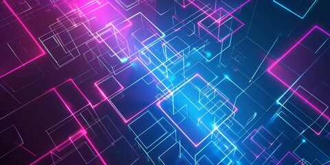 Abstract futuristic background with neon glowing blocks and lines in blue, pink, and purple colors. Digital technology concept. High quality photo