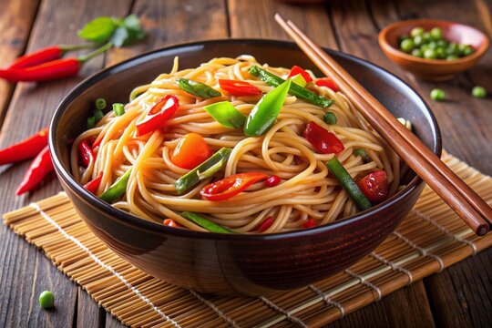 Spicy Asian noodles with vegetables and chilli in black bowl. Ai generated