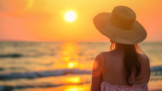 A woman with a straw hat enjoying a sunset at the beach --ar 16:9 Job ID: 1d1a8eb3-034f-4dfa-9c80-926877aa2673