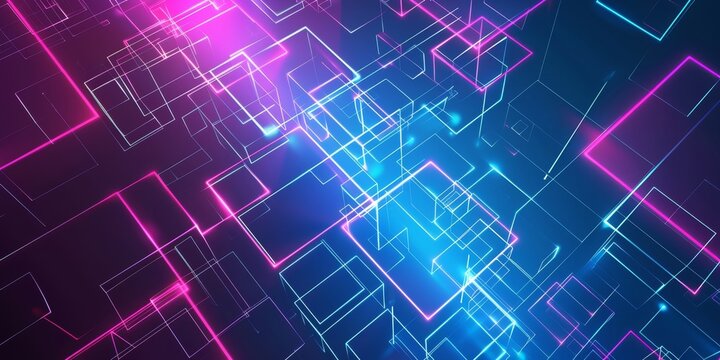 Abstract futuristic background with neon glowing blocks and lines in blue, pink, and purple colors. Digital technology concept. High quality photo