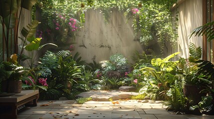 A botanical oasis, with verdant ferns, trailing vines, and delicate orchids creating a serene...
