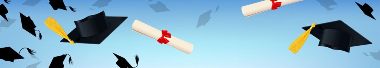 Horizontal Banner with Graduate Caps and Diplomas
