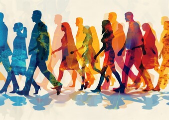 Colorful Silhouette of Diverse Group of People Walking on Abstract Background