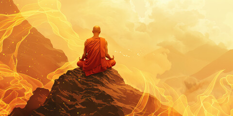 Obraz premium A Buddhist monk meditates atop a mountain peak, one with the universe and the divine energy that flows through it.