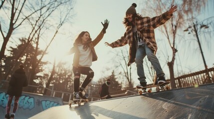A cheerful guy waves to a girl while skating in an urban skatepark, capturing an energetic moment full of dynamic movement, joy, and the vibrant spirit of city life
