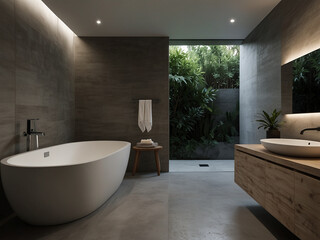 Minimalist Bathroom with Geometric Lines, Freestanding Bathtub, and Recessed Lighting, Featuring Monochromatic Color Scheme and Natural Materials for a Serene Relaxation Retreat