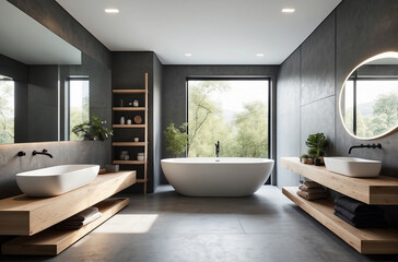 Minimalist Bathroom with Geometric Lines, Freestanding Bathtub, and Recessed Lighting, Featuring Monochromatic Color Scheme and Natural Materials for a Serene Relaxation Retreat