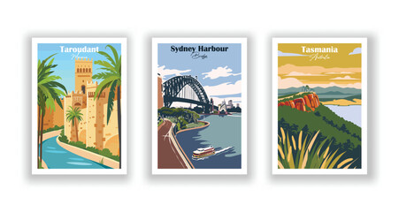 Fototapeta premium Taroudant, Morocco, Tasmania, Australia, Sydney Harbour, Bridge - Set of 3 Vintage Travel Posters. Vector illustration. High Quality Prints