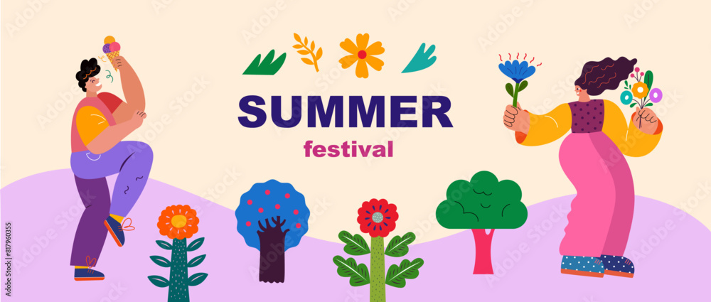 Wall mural summer vector banner with active people. fun vector with happy people.