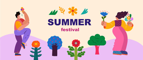 Summer vector banner with active people. Fun vector with happy people.