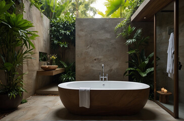 Outdoor Bathroom in Lush Tropical Garden with Freestanding Bathtub, Natural Stone Sink, and Wooden Accents, Providing a Luxurious and Immersive Bathing Experience Amidst Nature