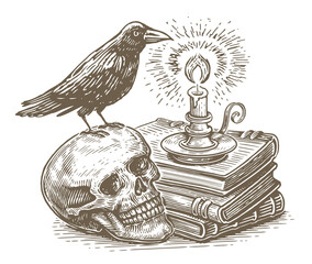 Candle and books with magic spells, human skull with raven sitting on it. Witchcraft, occult, esoteric, definition
