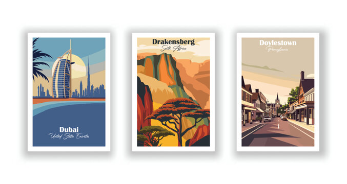 Doylestown, Pennsylvania, Drakensberg, South Africa, Dubai, United Arab Emirates - Set of 3 Vintage Travel Posters. Vector illustration. High Quality Prints