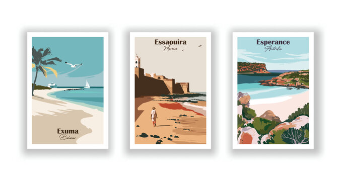Esperance, Australia, Essaouira, Morocco, Exuma, Bahamas - Set of 3 Vintage Travel Posters. Vector illustration. High Quality Prints