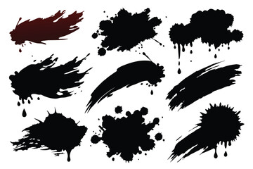 Brush strokes ink and blots, paint, set. Vector illustration
