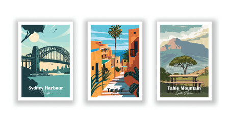 Sydney Harbour, Bridge, Table Mountain, South Africa, Tangier, Morocco - Set of 3 Vintage Travel Posters. Vector illustration. High Quality Prints