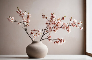 Blossom branch in clay vase near white stucco wall background. Interior design of modern living room with space for text. Minimal composition
