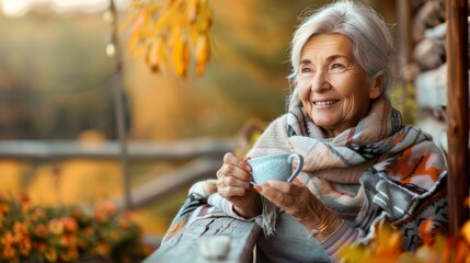 Happy senior woman with tea outdoors on terrace in autumn, relaxing