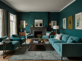 Teal couch and fireplace in inviting living room