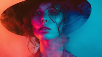 A young woman wearing a hat with a colorful light on her face.