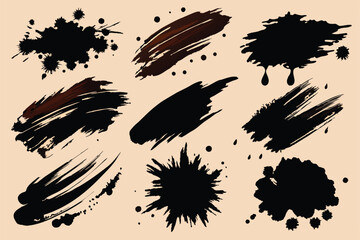 Brush strokes ink and blots, paint, set. Vector illustration