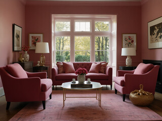 Pink couch and chair create a cozy living room