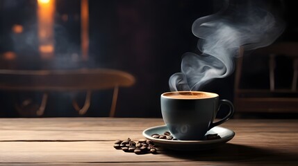 Fototapeta premium A Cup of Coffee on the table with Smoke Flowing Generative Ai 