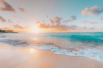 Obraz premium Amazing summer sunset over calm ocean. Pink, blue and yellow colors of sky and water create relaxing atmosphere.