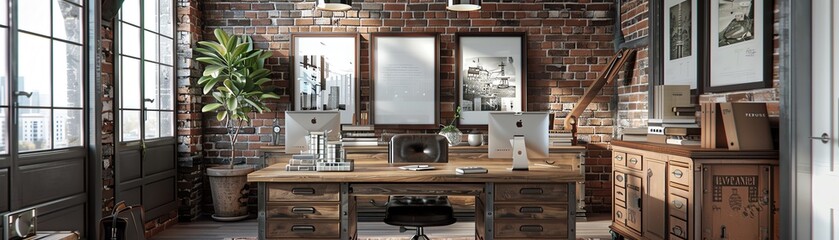 Incorporate antique elements into an industrial office design, using a wooden work desk, vintage structures, and wooden picture frames