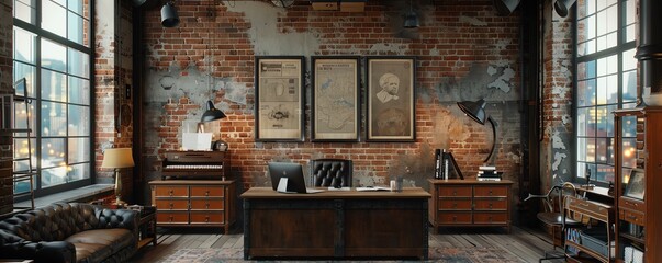 Create an industrial office space with exposed brick walls, wooden picture frames inspired by old...