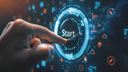 Businessman touching the Start button on an interactive screen, technology, UI design, futuristic interface.