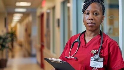 Confident and caring nurse practitioner in red scrubs holding a clipboard while standing in a hospital hallway.