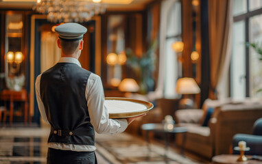 Hotel service concept. Service worker in the lobby of a 5-star hotel.