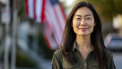 Attractive adult asian american woman portrait in front of flag of USA.