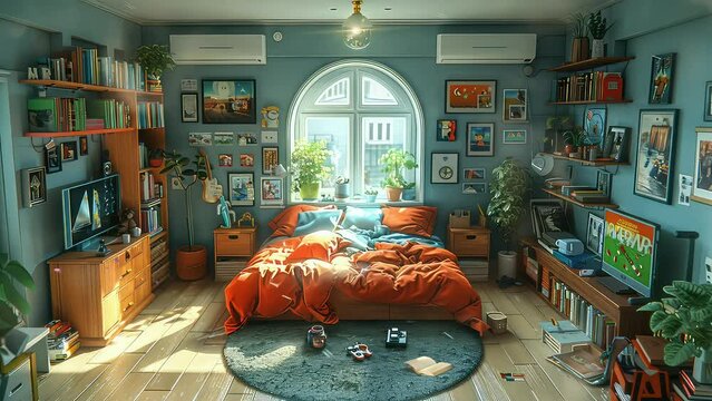 kids bedroom colorful. animation seamless 4k video looping background. generated with ai