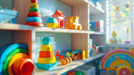 A shelf full of neatly arranged mental toys in a bright, sunny nursery room