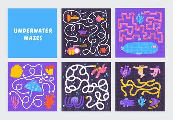 Fototapeta premium Cute ocean doodle mazes set with blue whale, coral, sea plant ,sea weed, diver, swimmer, fish. Underwater reef bottom puzzle for kids, children. Funny cartoon style labyrinth with adorable characters