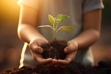 Close up of child hands holding young plant with soil