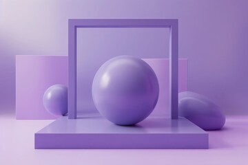 3D render of a purple abstract minimalistic composition with geometric shapes and a sphere ball inside a square frame, isolated on a pastel background,