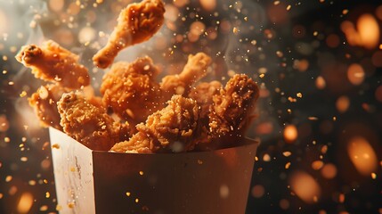 A feast for the eyes as crispy fried chicken pieces burst forth from their paper container, captured in breathtaking clarity