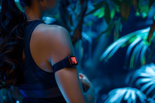 A woman wearing a black tank top and a watch. The watch is strapped to her arm